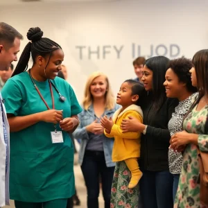 Healthcare professionals interacting with families at a community event in Rhode Island.