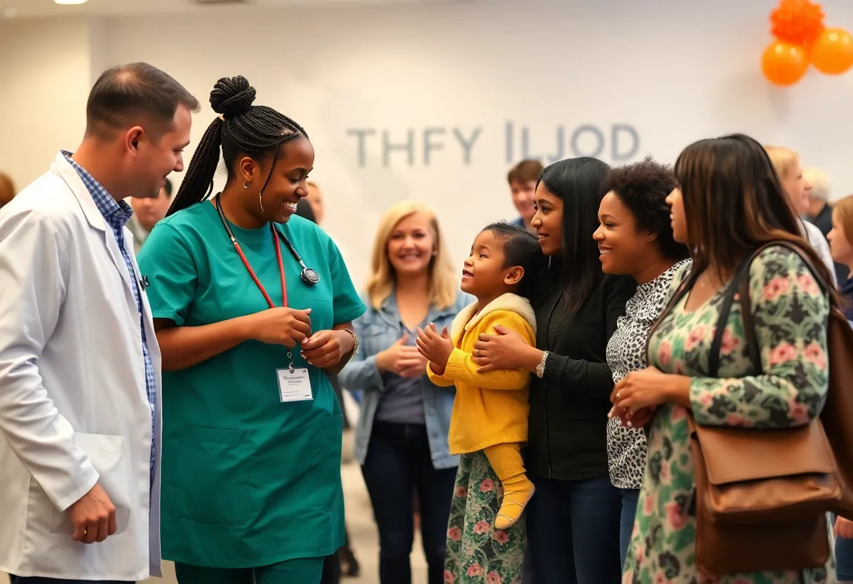 Healthcare professionals interacting with families at a community event in Rhode Island.