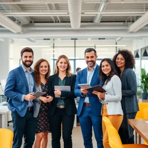 Employees collaborating in a modern office environment