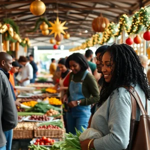 Vibrant scene from the Black farmers market in Providence with diverse vendors and shoppers