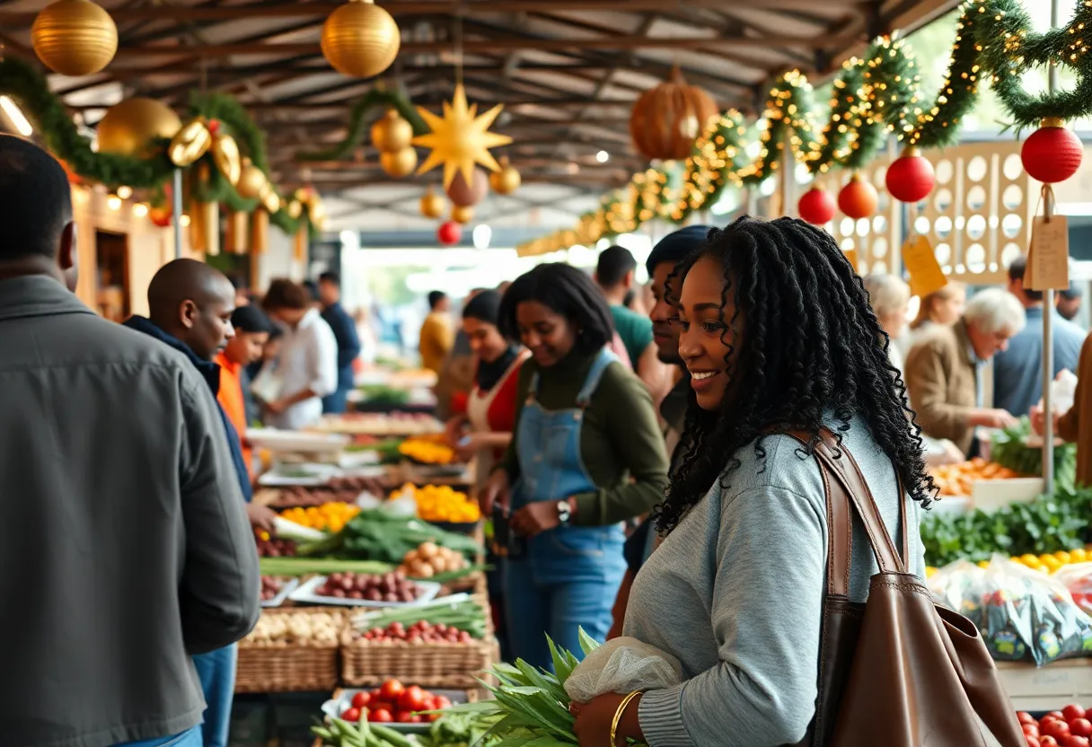 Vibrant scene from the Black farmers market in Providence with diverse vendors and shoppers