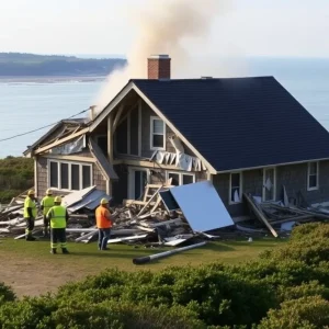Collapsed house on Block Island after explosion