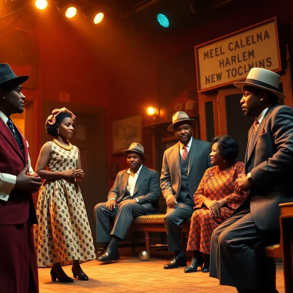 A scene from the play 'Blues for an Alabama Sky' at Trinity Rep, featuring actors in 1930s costumes on a vibrant stage.
