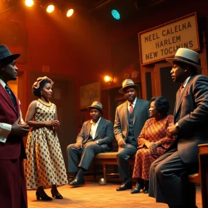 A scene from the play 'Blues for an Alabama Sky' at Trinity Rep, featuring actors in 1930s costumes on a vibrant stage.