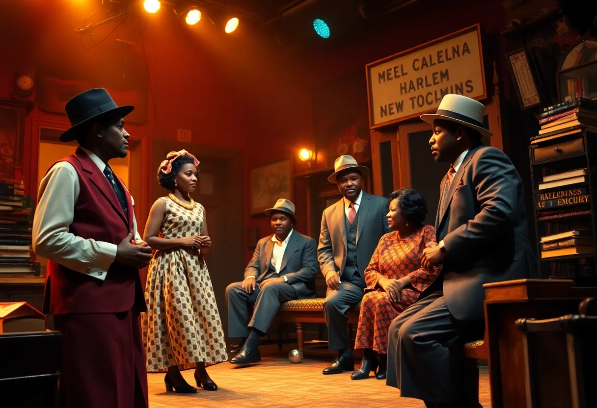 A scene from the play 'Blues for an Alabama Sky' at Trinity Rep, featuring actors in 1930s costumes on a vibrant stage.