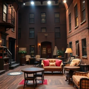 A detailed set design portraying a 1930s Harlem neighborhood for the play Blues for an Alabama Sky.