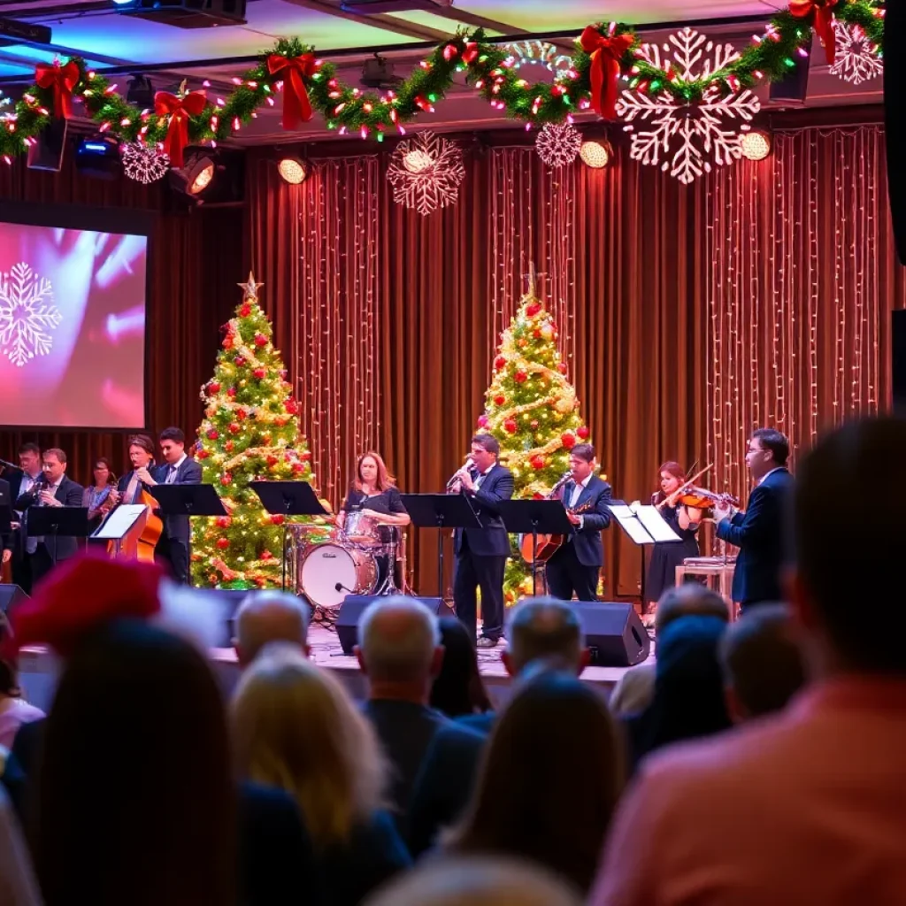 A lively scene from the Boston Pops Holiday Concert with musicians and festive decorations.