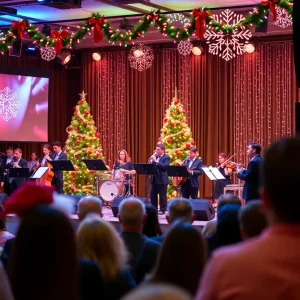 A lively scene from the Boston Pops Holiday Concert with musicians and festive decorations.