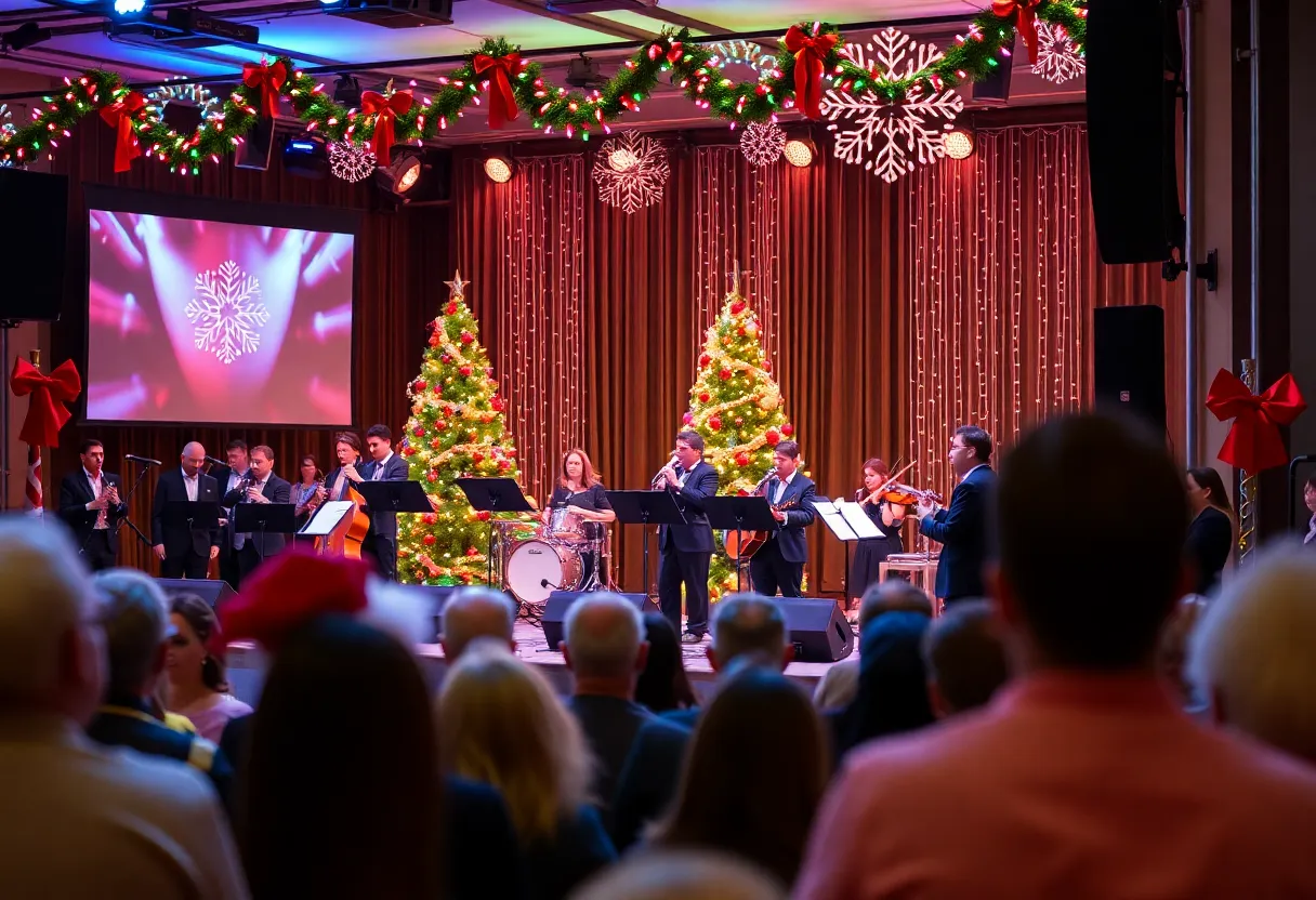 A lively scene from the Boston Pops Holiday Concert with musicians and festive decorations.