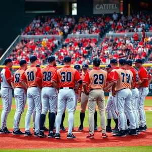 Baseball team huddle during a game with players in uniforms discussing strategy