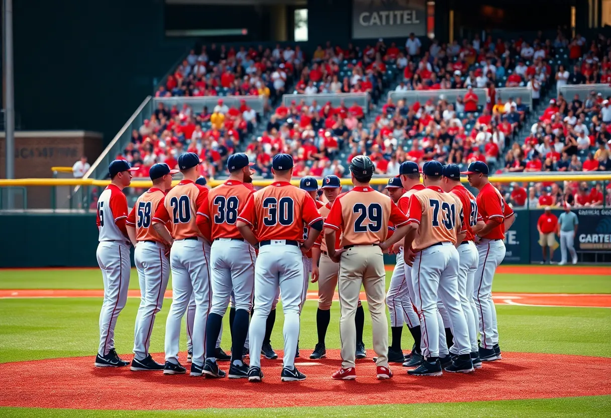 Baseball team huddle during a game with players in uniforms discussing strategy