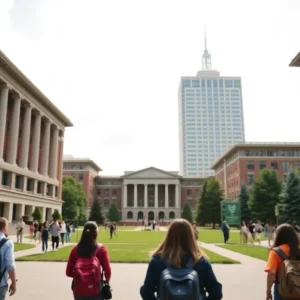 Aerial view of Brown University campus with buildings and students