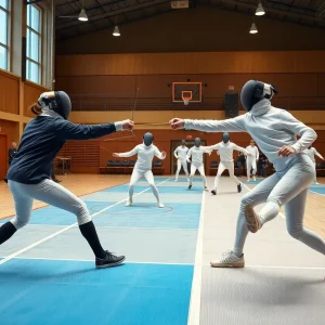 Fencers competing at Brown University fencing gym