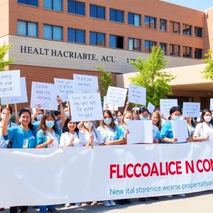Healthcare workers rallying outside Butler Hospital demanding better wages and working conditions.