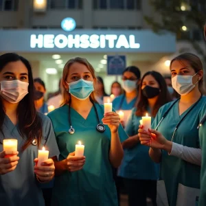 Striking healthcare workers holding candles during a vigil for better working conditions.
