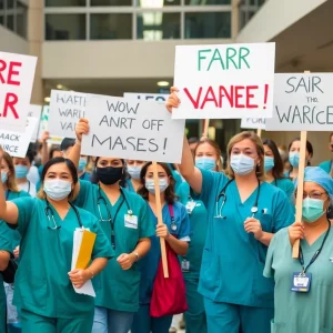 Stick figures holding protest signs advocating for fair wages and safety at Butler Hospital.