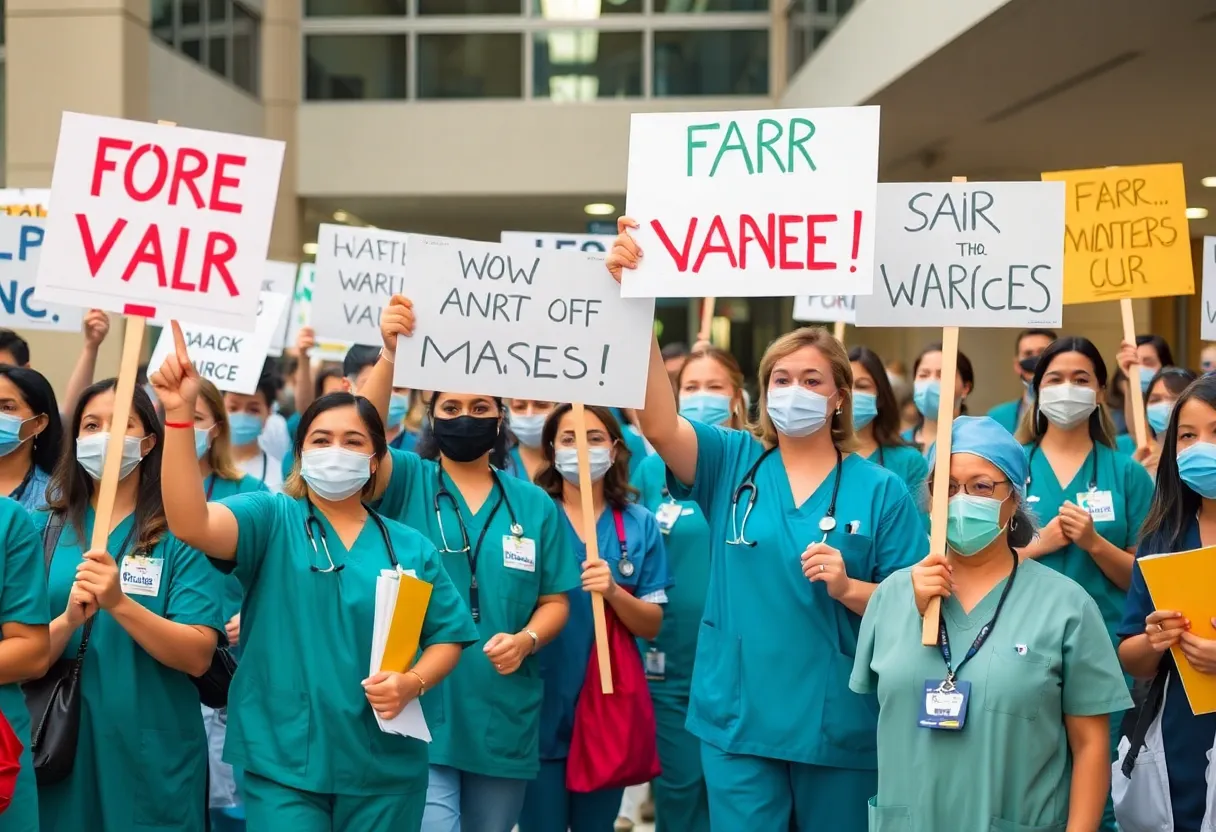 Stick figures holding protest signs advocating for fair wages and safety at Butler Hospital.