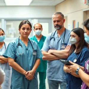 Healthcare workers discussing amid a hospital setting during a strike.