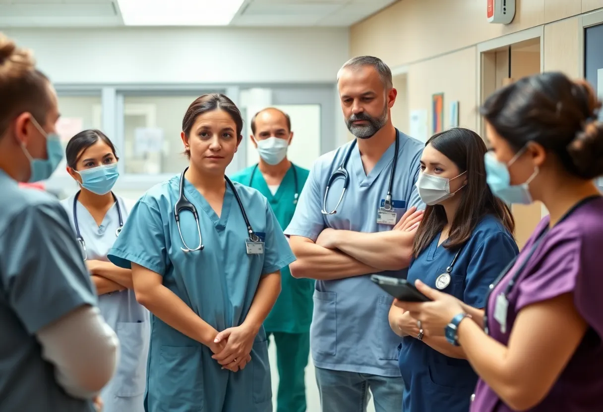Healthcare workers discussing amid a hospital setting during a strike.