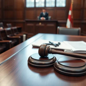 Courtroom scene representing a legal battle over defamation