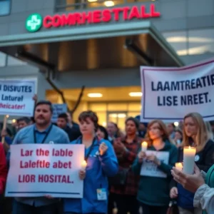 Candlelight vigil held by striking workers outside a hospital