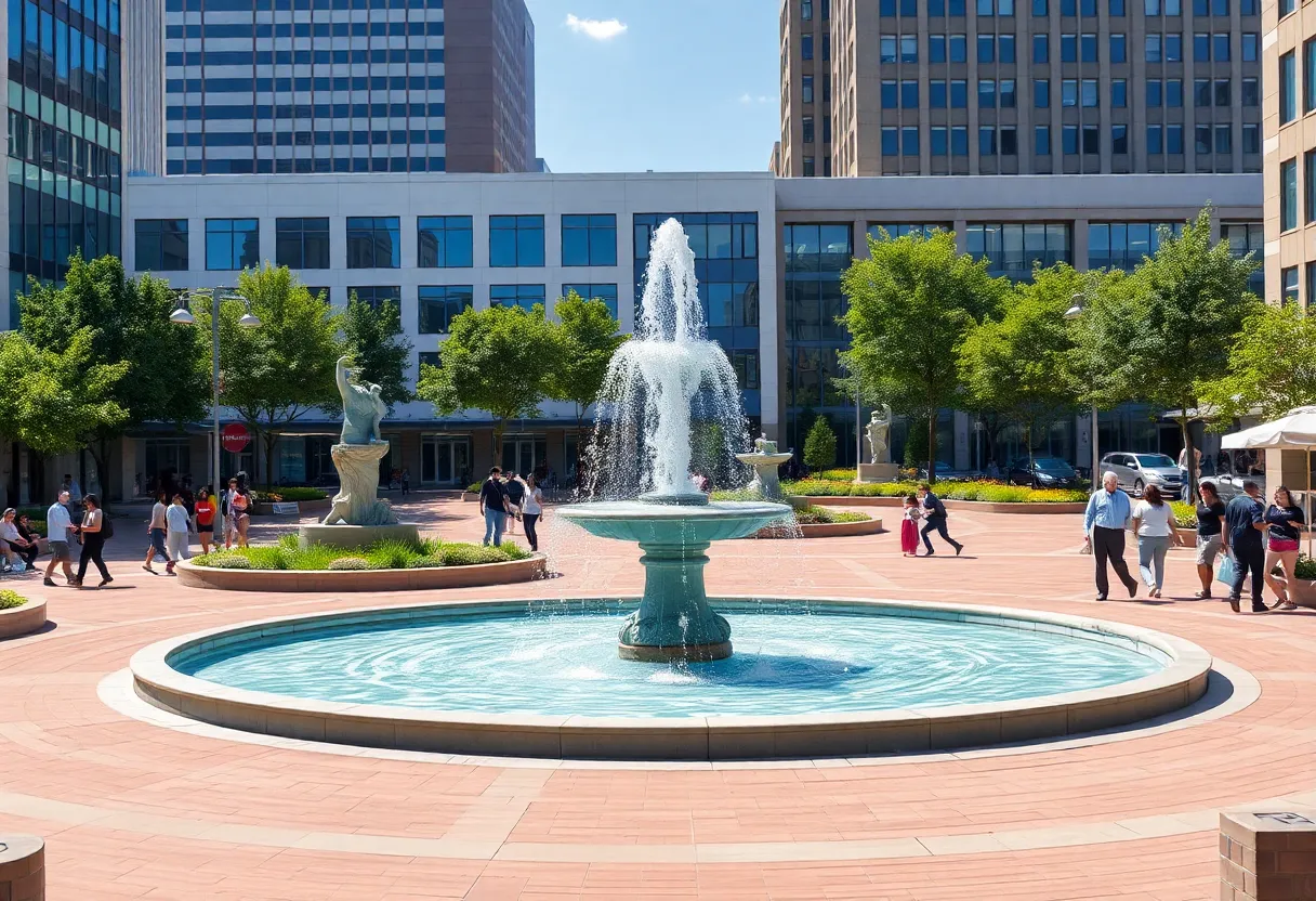 Revitalized Cathedral Square featuring a fountain and people