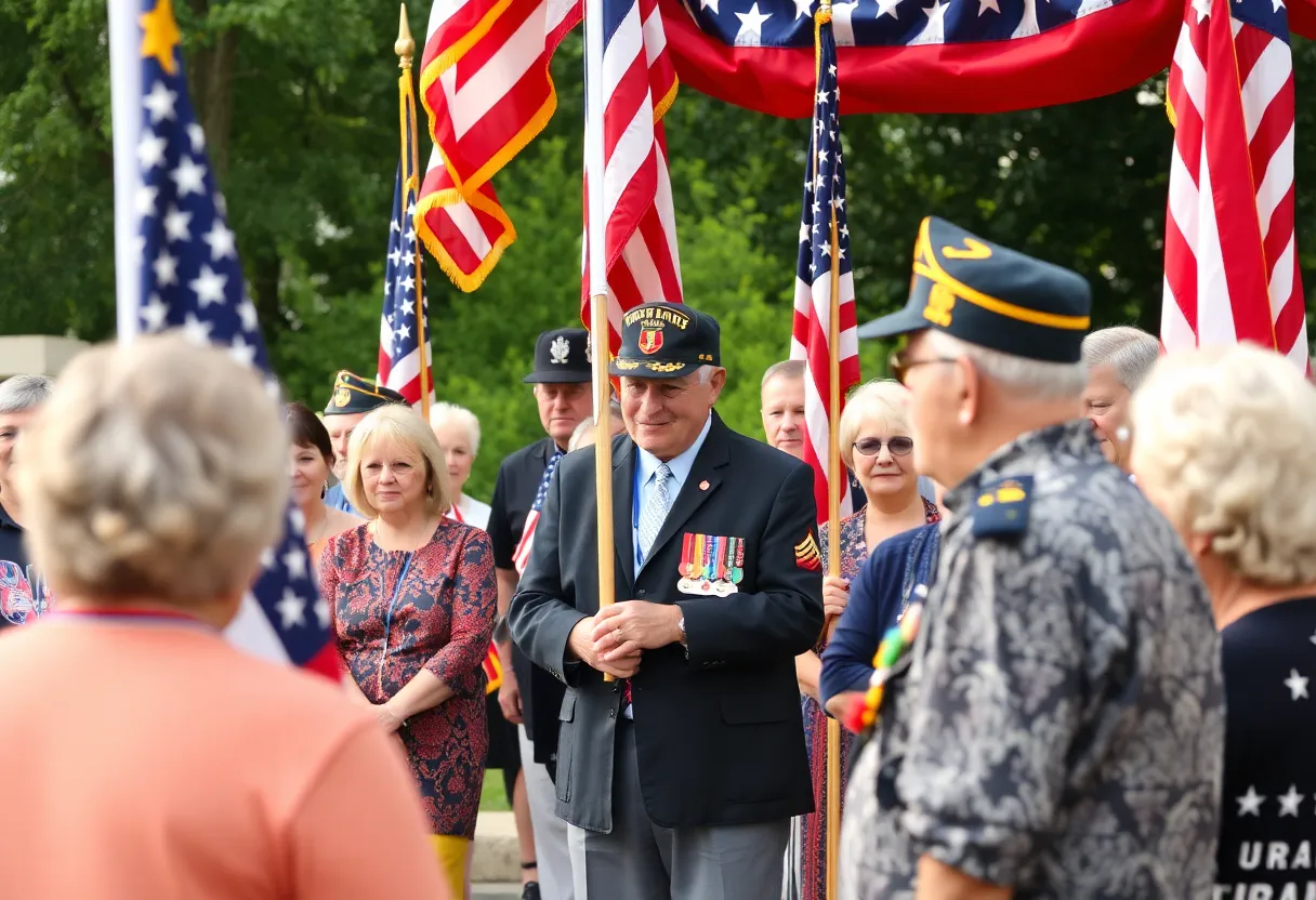 Community ceremony honoring a veteran with American flags
