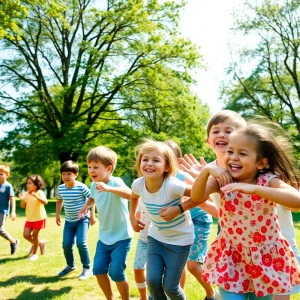 A diverse group of children playing in a sunny park.