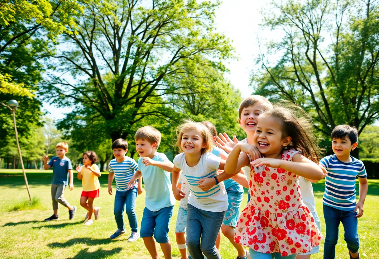 A diverse group of children playing in a sunny park.