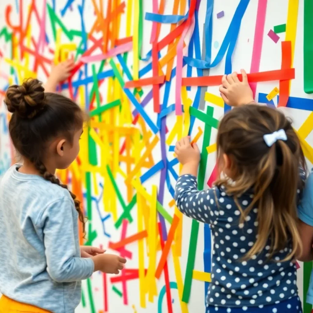 Children creating a colorful mural with tape at Providence Children's Museum
