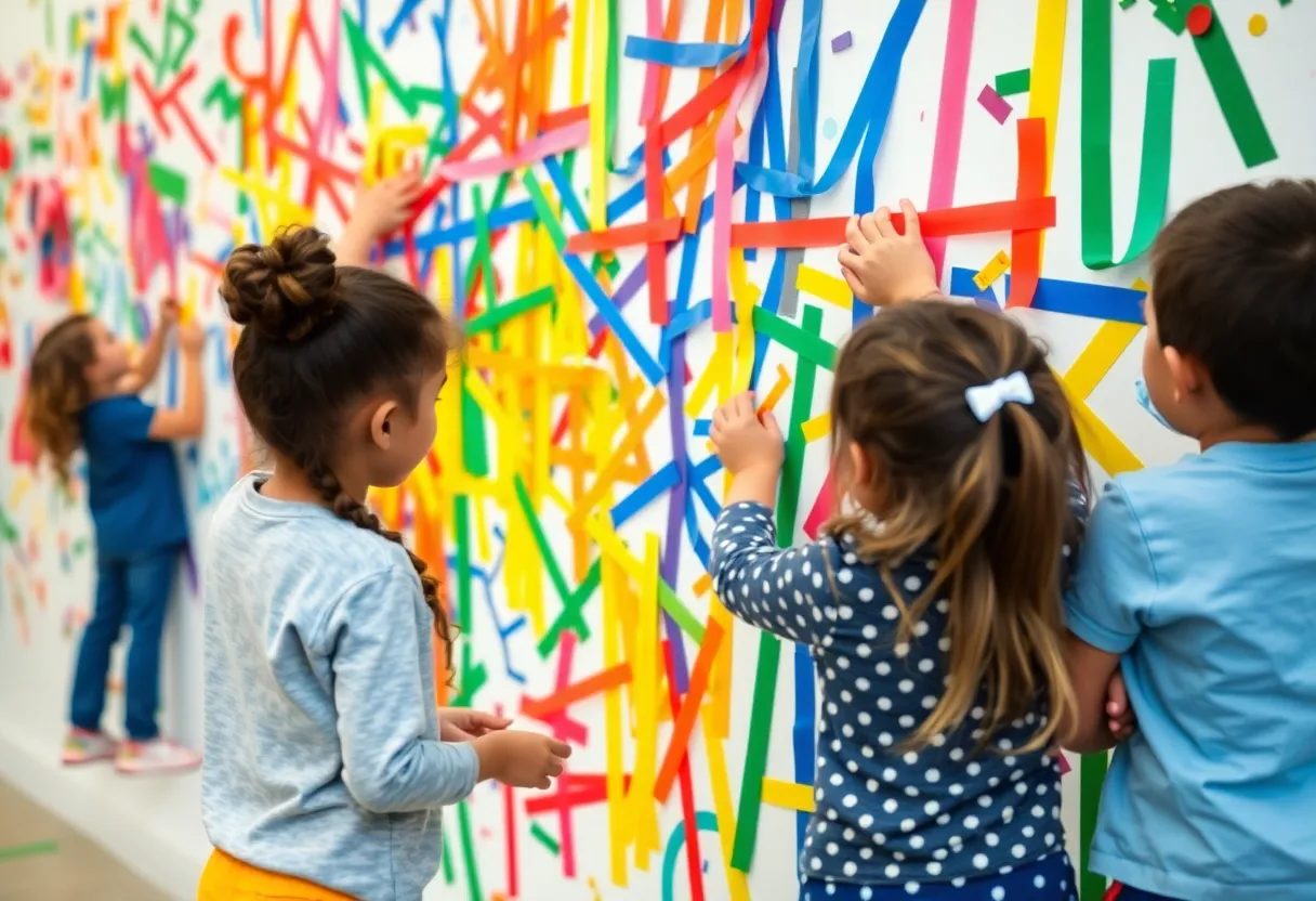 Children creating a colorful mural with tape at Providence Children's Museum