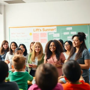 Teachers interacting with students in a classroom setting