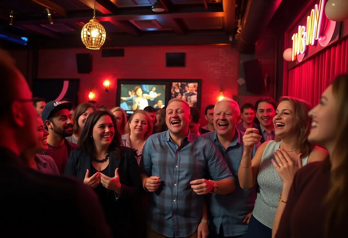 A bustling comedy club in Rhode Island featuring a lively audience.
