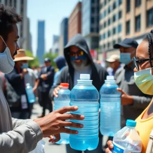 Volunteers distributing water and cooling supplies to those in need during a heat wave.