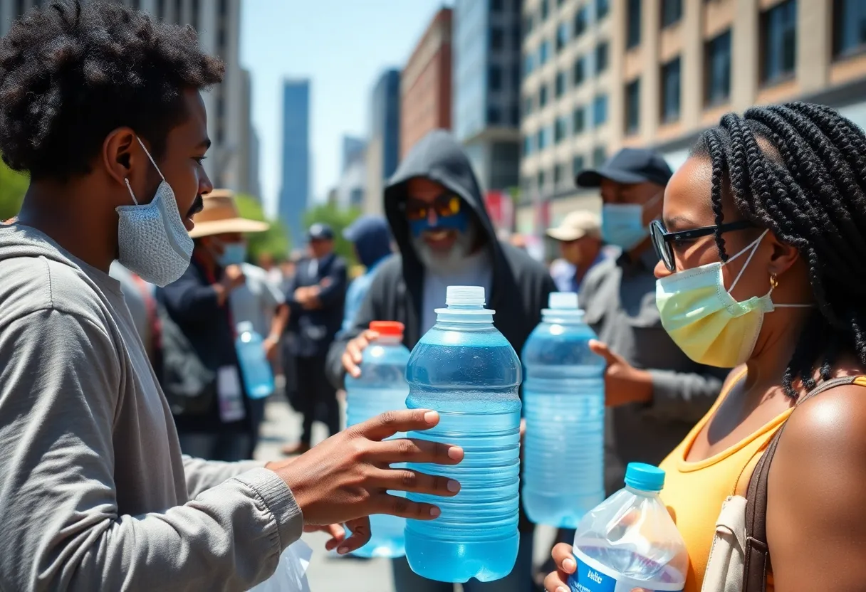 Volunteers distributing water and cooling supplies to those in need during a heat wave.