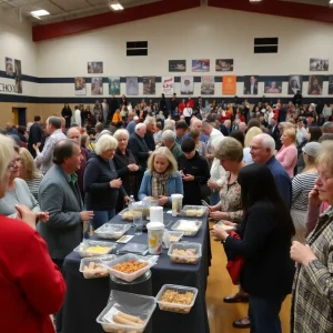 Community members honor John Moran in a high school gymnasium