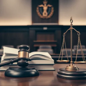 Courtroom with legal books symbolizing justice and public record compliance