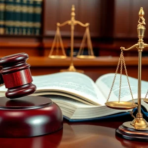 Artistic depiction of a courtroom with legal symbols representing privacy cases.
