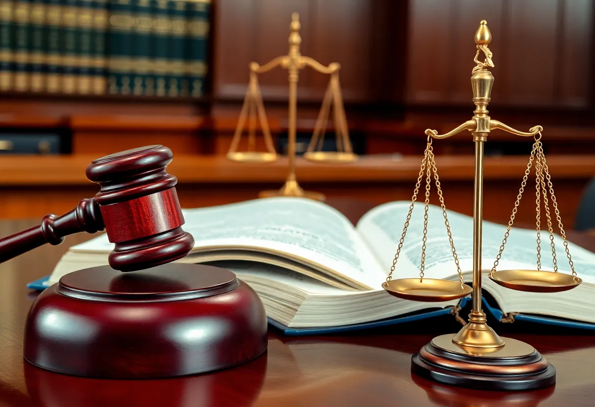 Artistic depiction of a courtroom with legal symbols representing privacy cases.