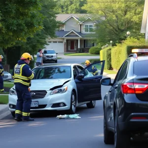 Emergency responders at the scene of a car accident in a residential area