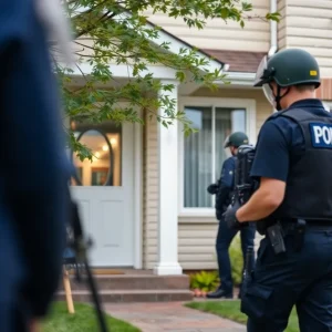 Police and bomb squad personnel securing a residential area after the discovery of a live grenade.