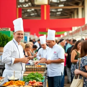 Festival atmosphere with food vendors and chefs showcasing local cuisine