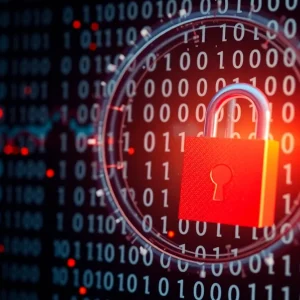 Conceptual image of cybersecurity with a digital lock and shield.