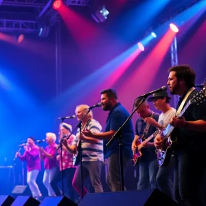 David Byrne performing live on stage with a colorful light show