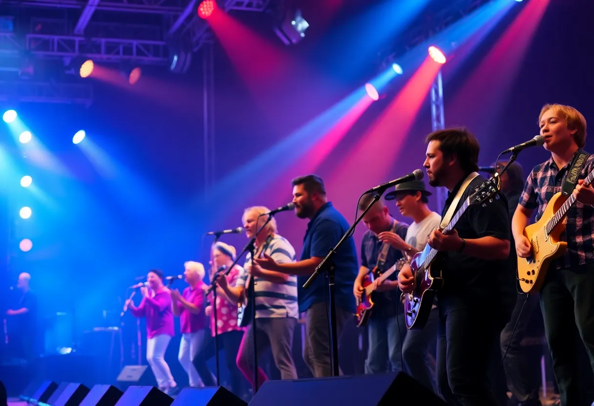 David Byrne performing live on stage with a colorful light show