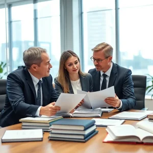 Lawyers collaborating in a modern office setting post-merger