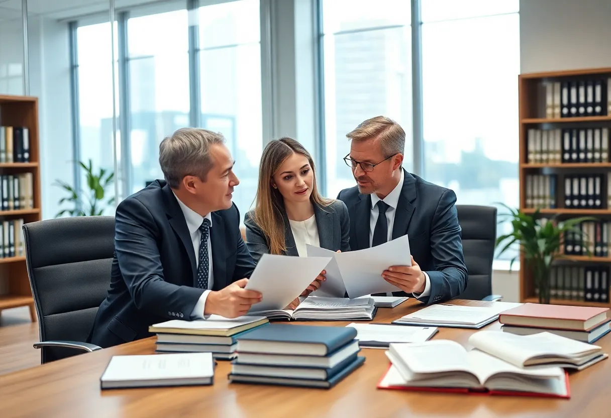 Lawyers collaborating in a modern office setting post-merger