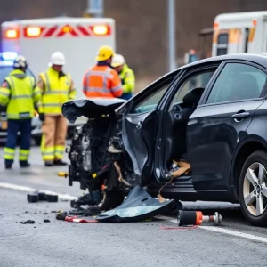 Emergency responders at the scene of a car crash involving a DUI incident.
