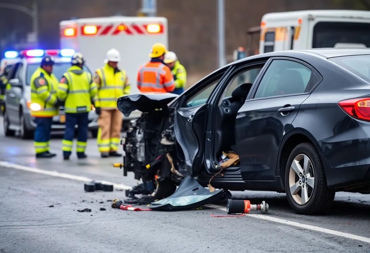 Emergency responders at the scene of a car crash involving a DUI incident.