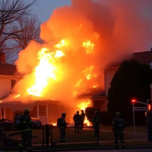 Firefighters extinguishing flames at a house fire in East Providence